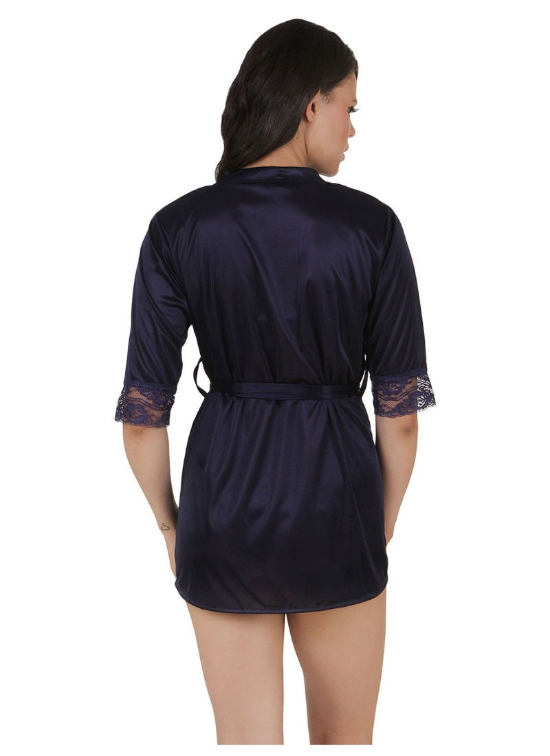 Women's Satin Babydoll Robe with Thong with Half Sleeve(Color: Navy Blue, Neck Type: V Neck) - GillKart