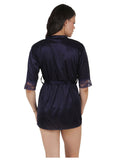 Women's Satin Babydoll Robe with Thong with Half Sleeve(Color: Navy Blue, Neck Type: V Neck) - GillKart