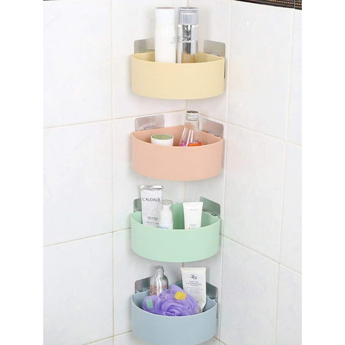 Wall Mount Storage Corner Shelf Bathroom Kitchen Rack Self Adhesive Shower Caddy Plastic Triangle Basket (Color: Assorted) - GillKart
