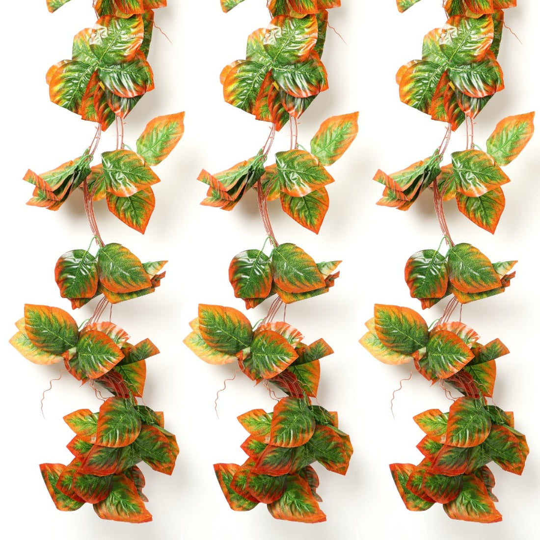 Pack Of 5 Silk Polyester Artificial Shaded Orange Green Leaf Vine Hanging Garland Foliage Flowers Leaf Plants For Wall Decoration (Color: Orange-Green,Length: 15 Feet) - GillKart