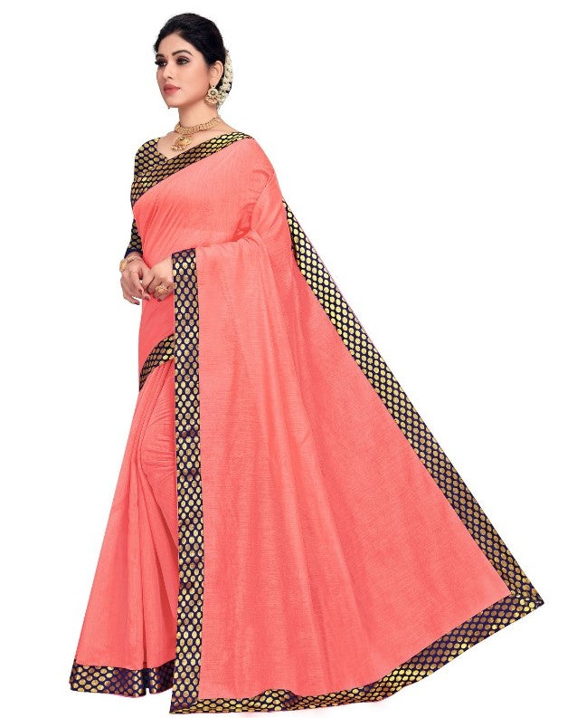 Women's Chanderi Cotton Lace Border Saree With Blouse (Peach, 5-6 Mtrs) - GillKart