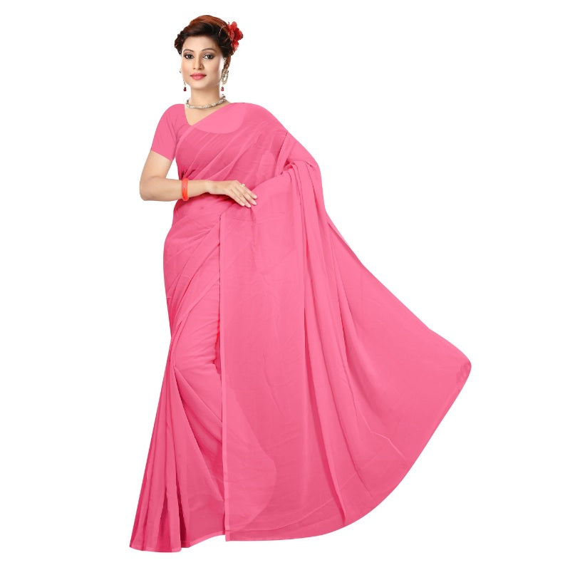 Women's Georgette Plain Saree With Blouse (Pink, 5-6 Mtrs) - GillKart