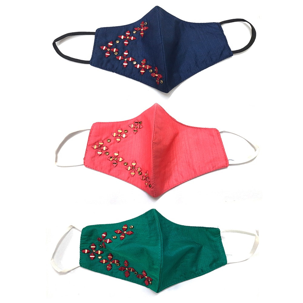 Pack of 3_Generic Mirror Embroided Cotton Mask (Color: Assorted) - GillKart