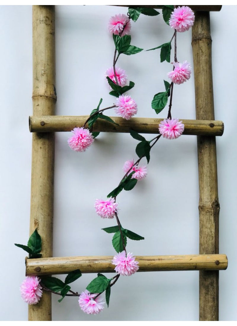 Artificial Light Pink Chrysanthemum Dahlia Flower Vine Creeper With Big Green Leaves For Home Decoraton (Color: LightPink, Material: Silk Polyester) - GillKart