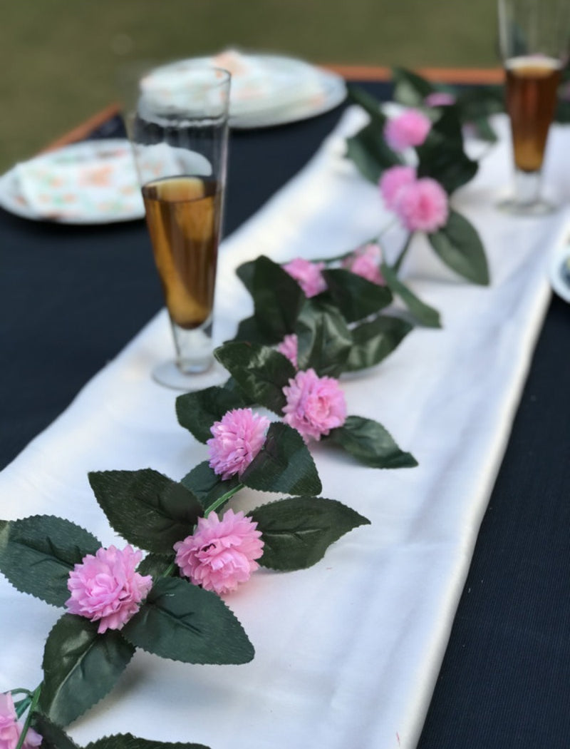 Artificial Light Pink Marigold Genda Flower Vine Creepe With Big Green Leaves For Home Decoration (Color: LightPink, Material: Silk Polyester) - GillKart