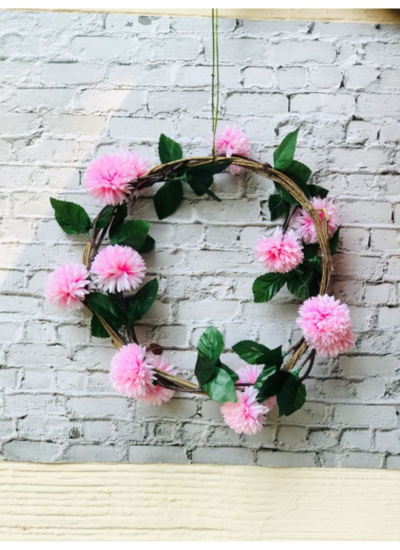 Artificial Light Pink Chrysanthemum Dahlia Flower Vine Creeper With Big Green Leaves For Home Decoraton (Color: LightPink, Material: Silk Polyester) - GillKart