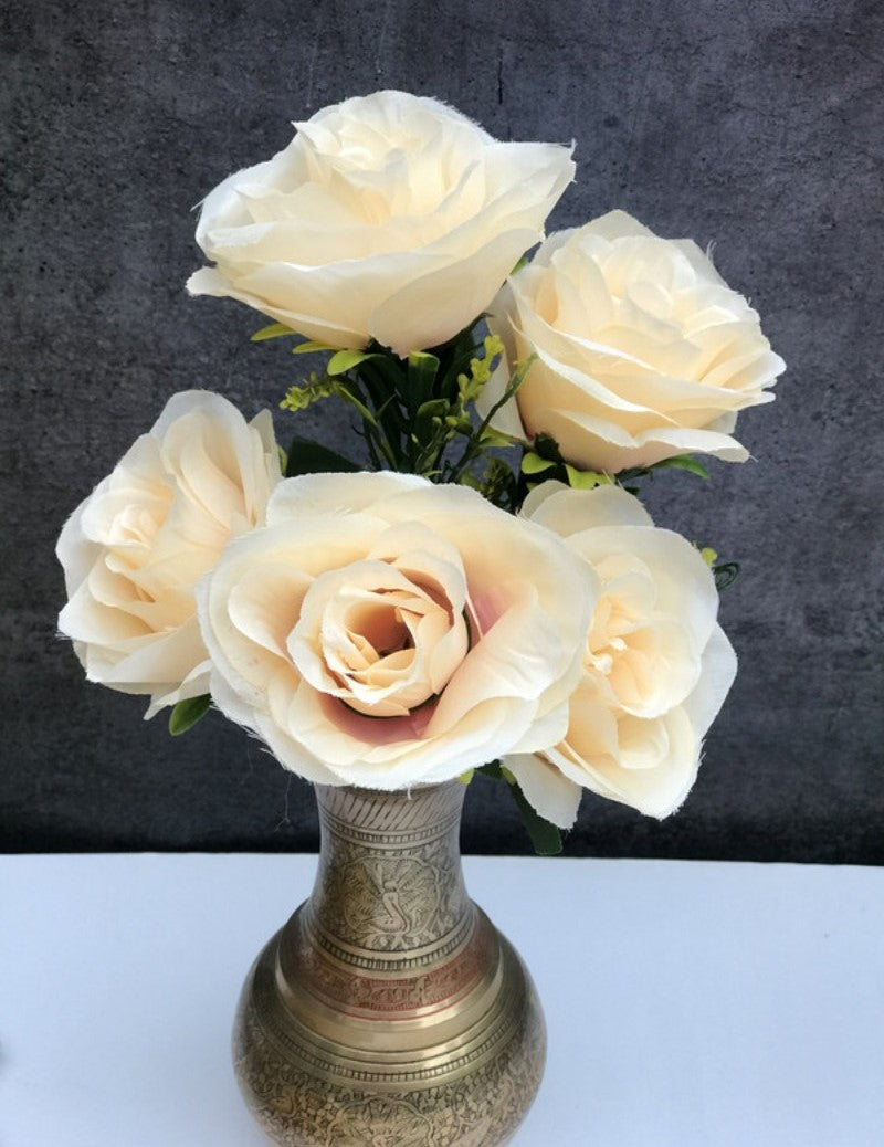 Artificial Flowers Bunch Bouquet Of 5 Champagne Roses For Home Decoration (Color: Cream, Material: Silk Polyester) - GillKart