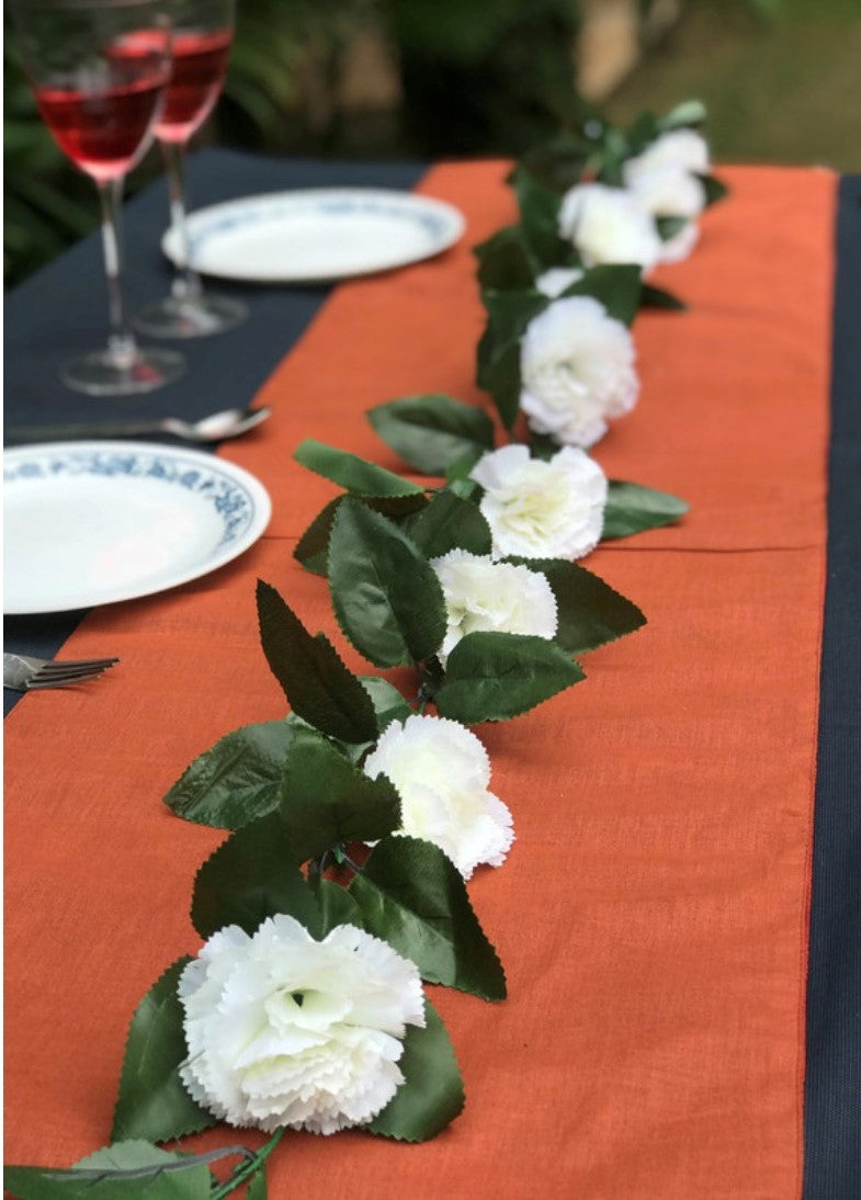Artificial White Carnation Flower Vine Creeper With Big Green Leaves (Color: White, Material: Silk Polyester) - GillKart