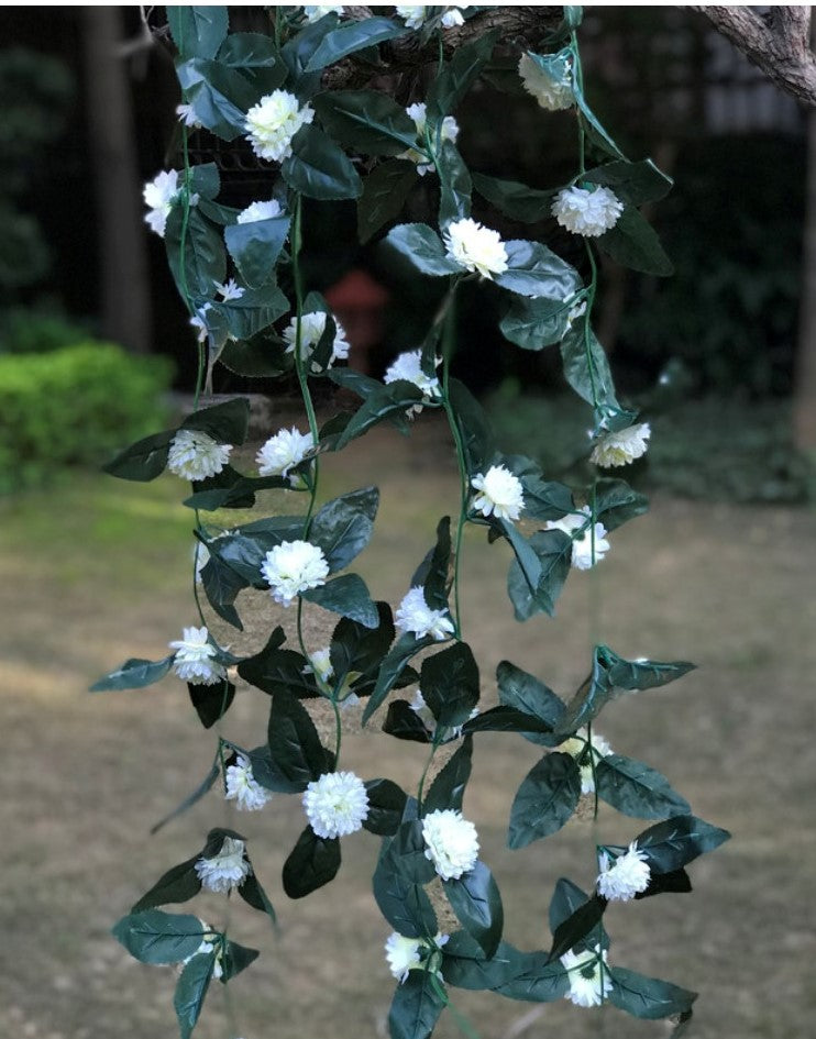 Artificial White Marigold Genda Flower Vine Creeper With Big Green Leaves For Home Decoration (Color: White, Material: Silk Polyester) - GillKart