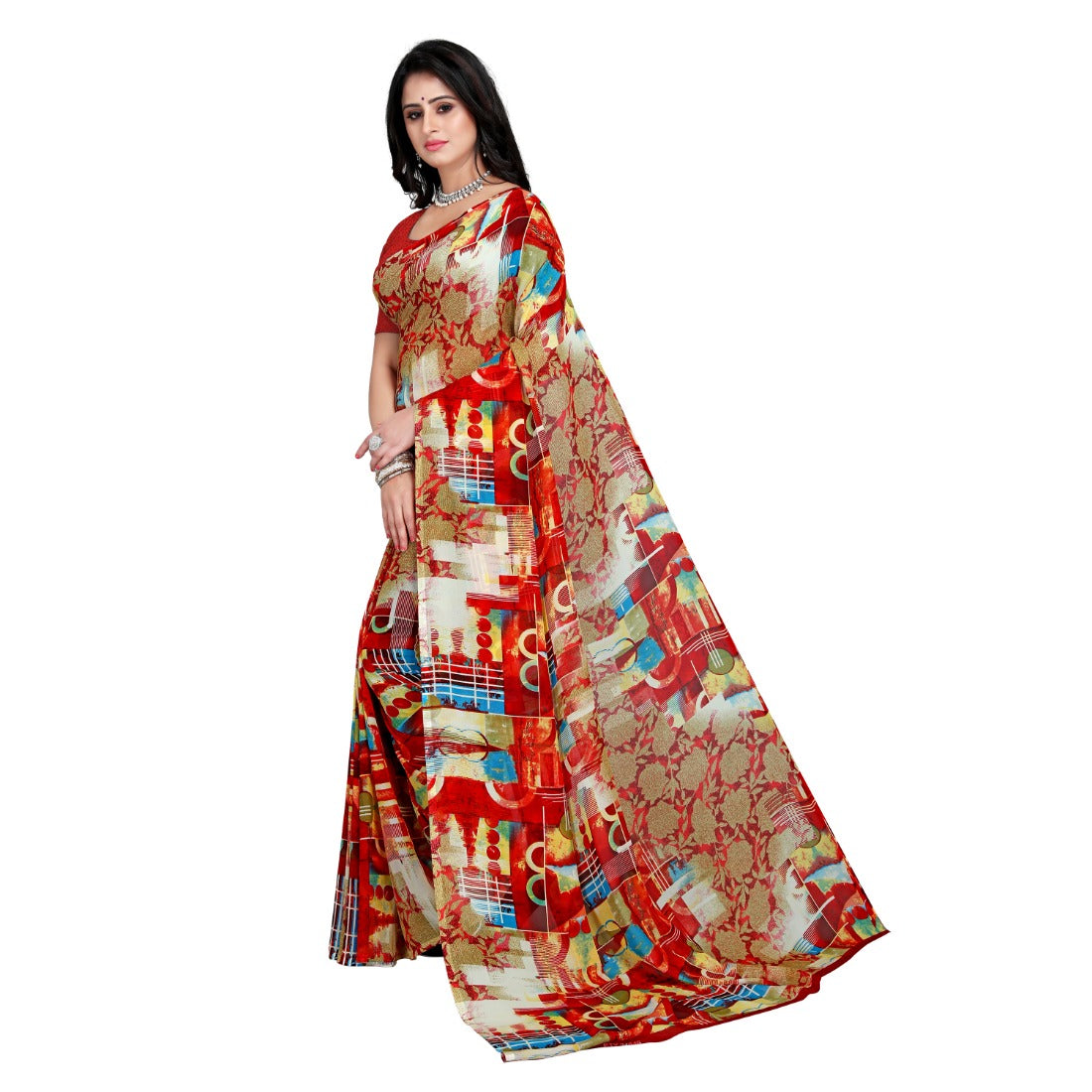 Women's Faux Georgette Saree With Blouse (Red, 5-6Mtrs) - GillKart