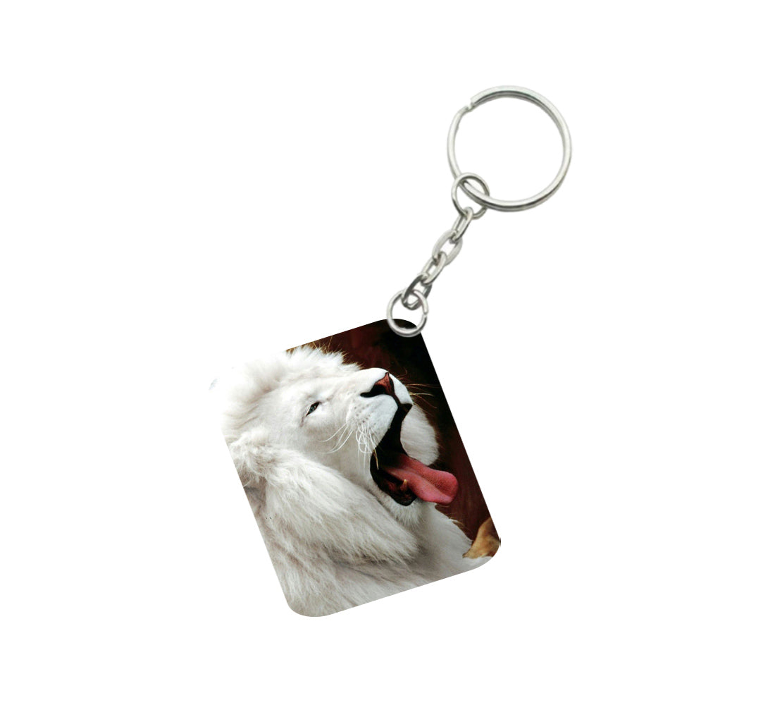 Pack Of 3_ White Lion One Side Printed Rectangle Designer Keychain (White) - GillKart