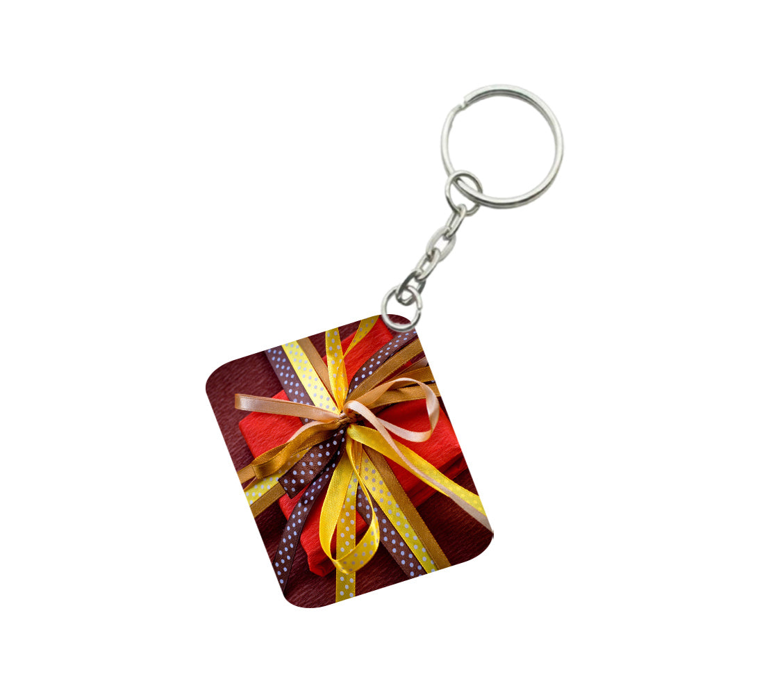 Pack Of 3_ Gift Ribban One Side Printed Rectangle Designer Keychain (Multi Color) - GillKart