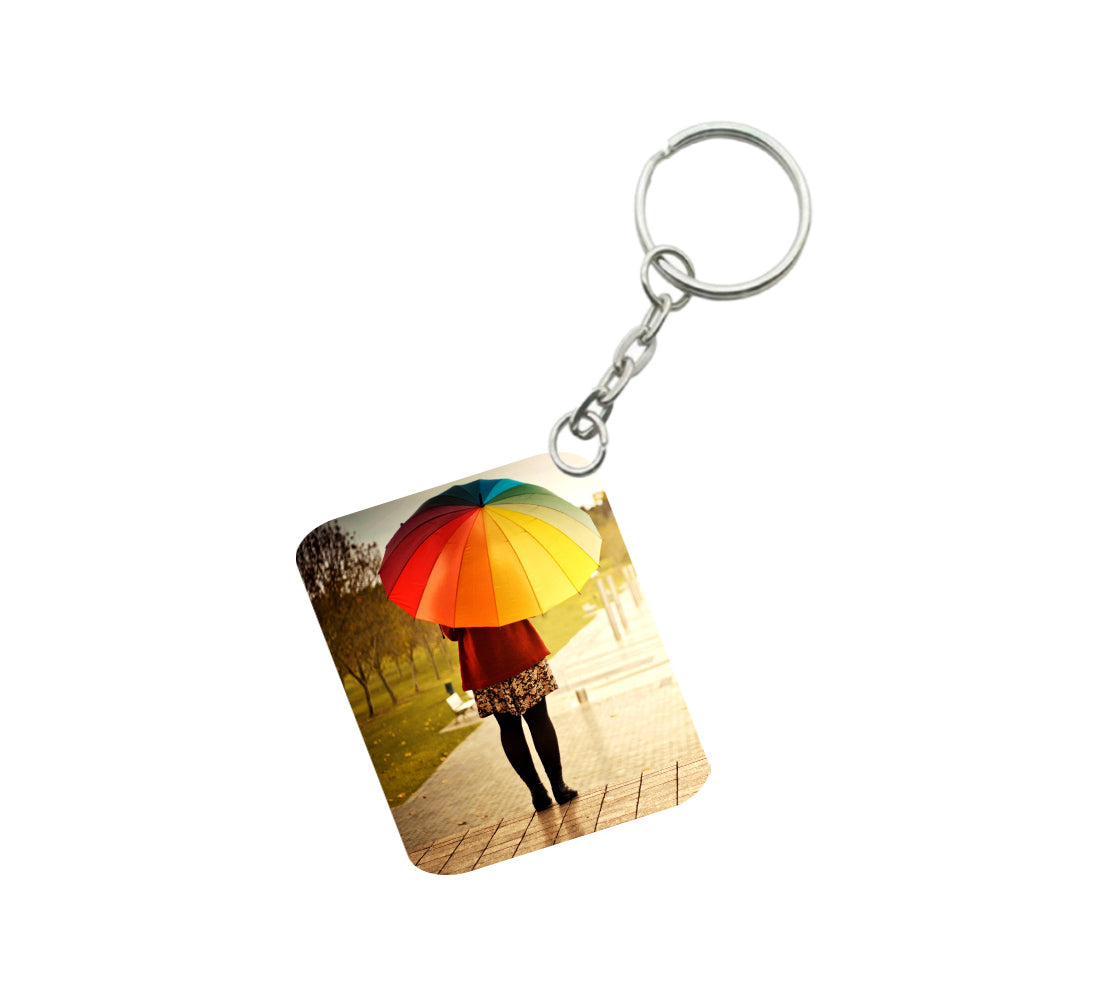 Pack Of 3_ Girl Under Umbrella One Side Printed Rectangle Designer Keychain (Multi Color) - GillKart