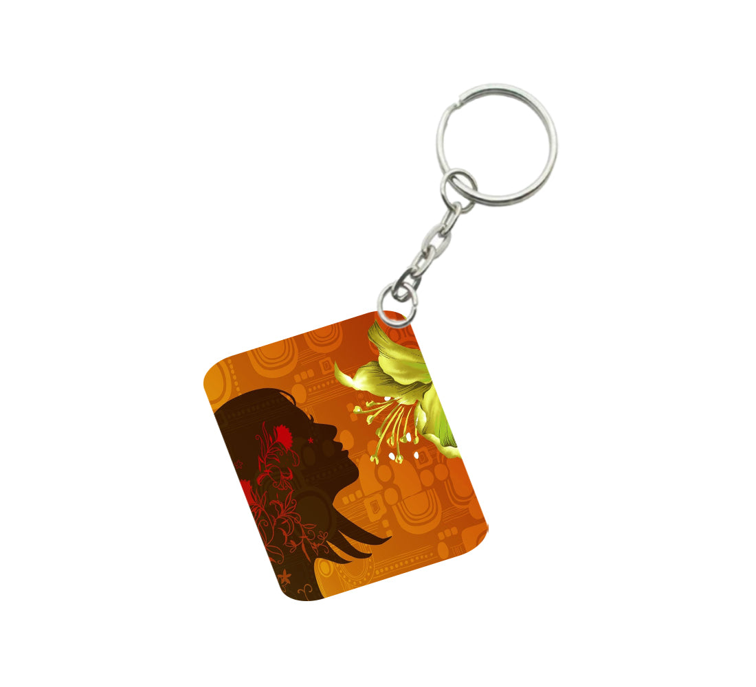Pack Of 3_ Woman Face Decorated With Flowers One Side Printed Rectangle Designer Keychain (Orange) - GillKart