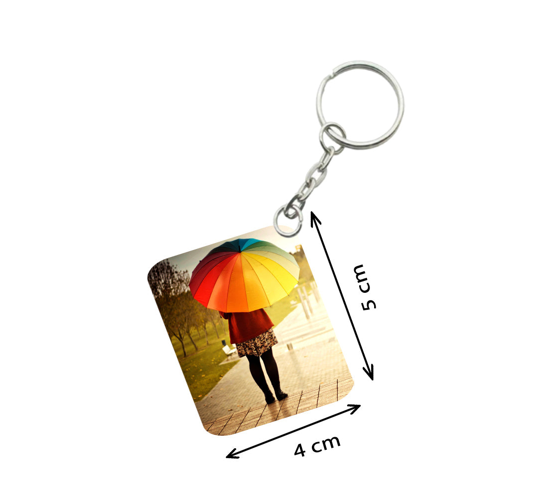 Pack Of 3_ Girl Under Umbrella One Side Printed Rectangle Designer Keychain (Multi Color) - GillKart