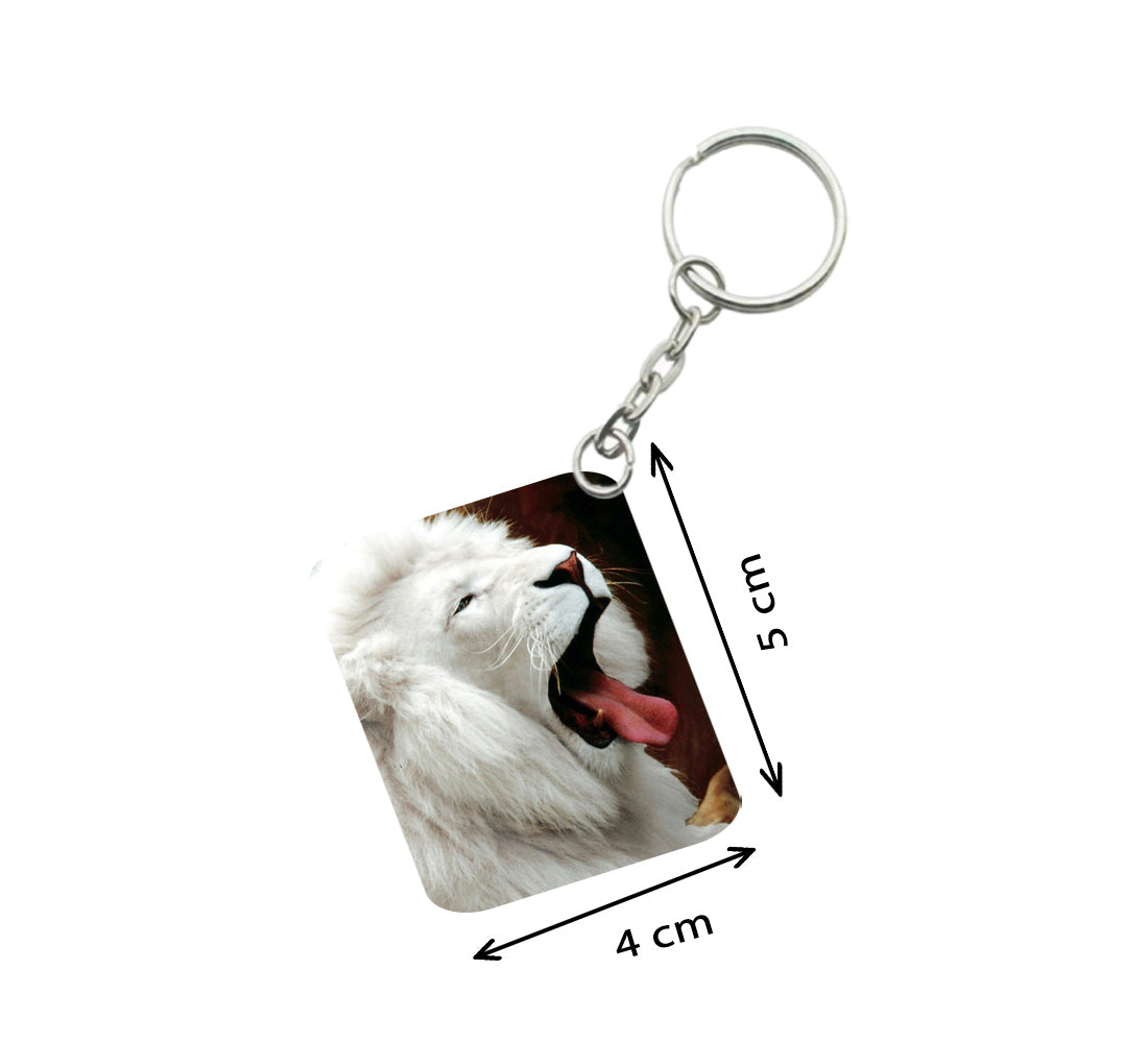 Pack Of 3_ White Lion One Side Printed Rectangle Designer Keychain (White) - GillKart