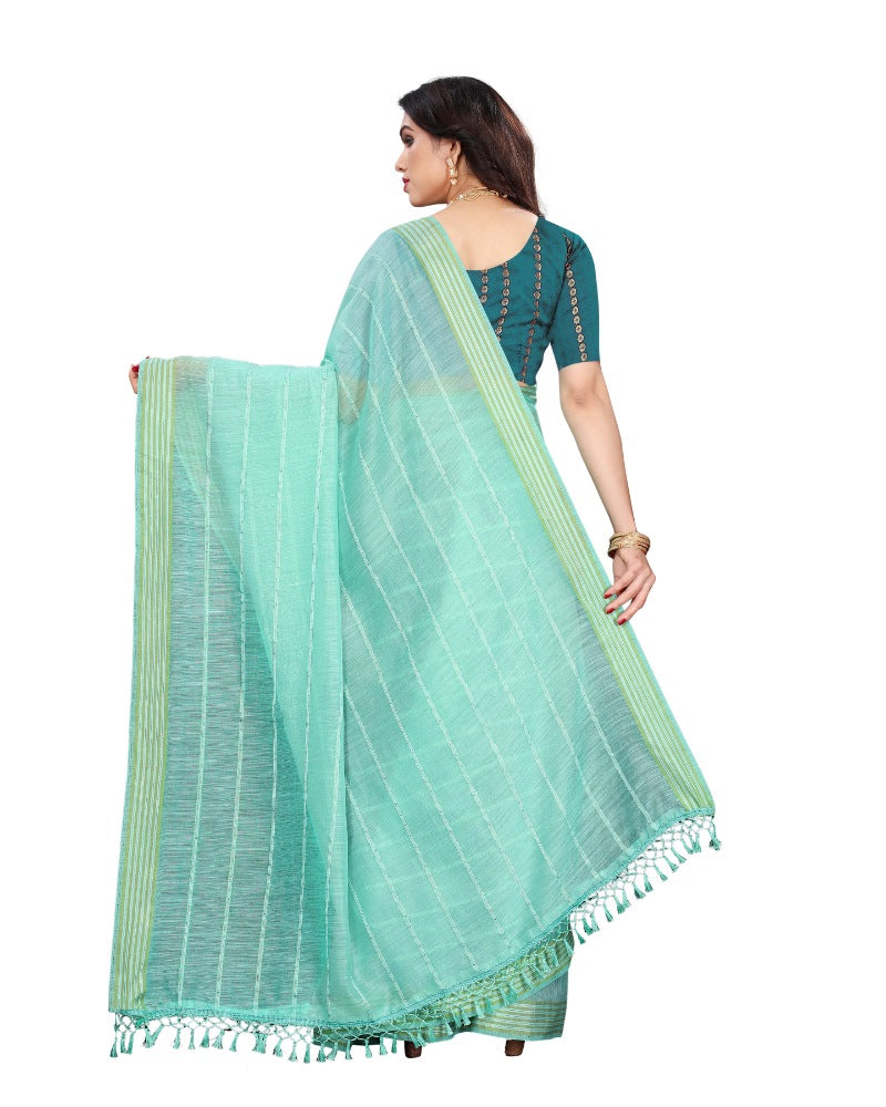 Women's Cotton Saree With Blouse (Rama, 5-6Mtrs) - GillKart