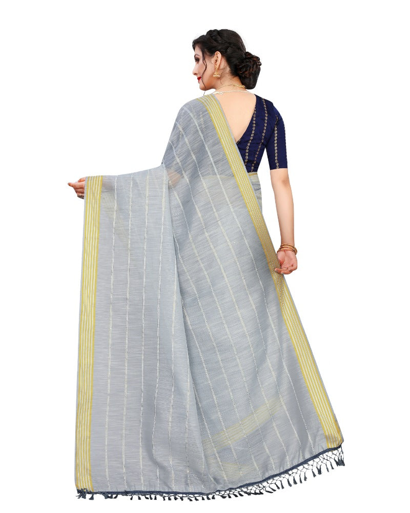 Women's Cotton Saree With Blouse (Grey, 5-6Mtrs) - GillKart