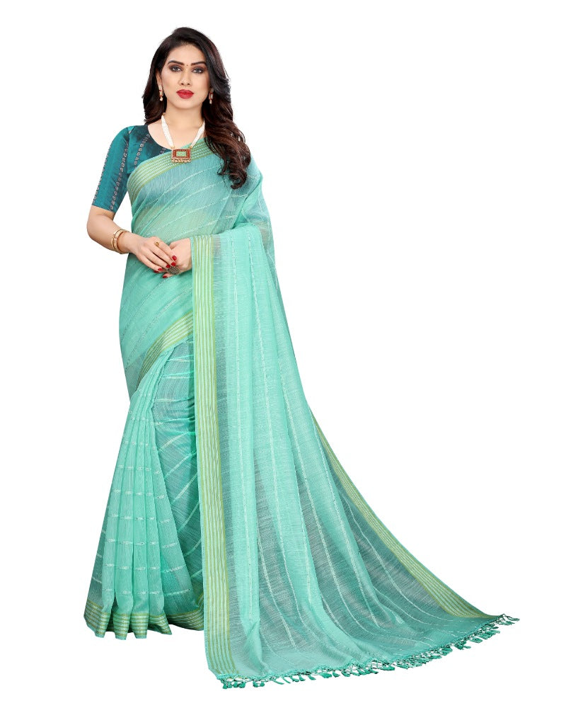 Women's Cotton Saree With Blouse (Rama, 5-6Mtrs) - GillKart