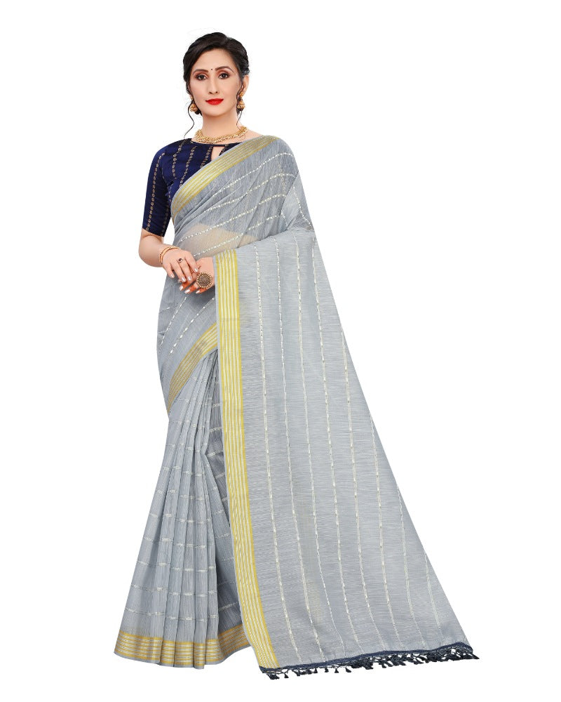 Women's Cotton Saree With Blouse (Grey, 5-6Mtrs) - GillKart