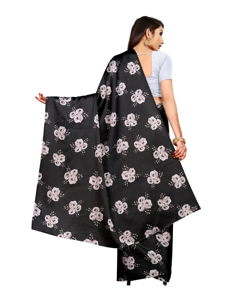 Women's Soft Japan Satin Saree With Blouse (Black, 5-6Mtrs) - GillKart