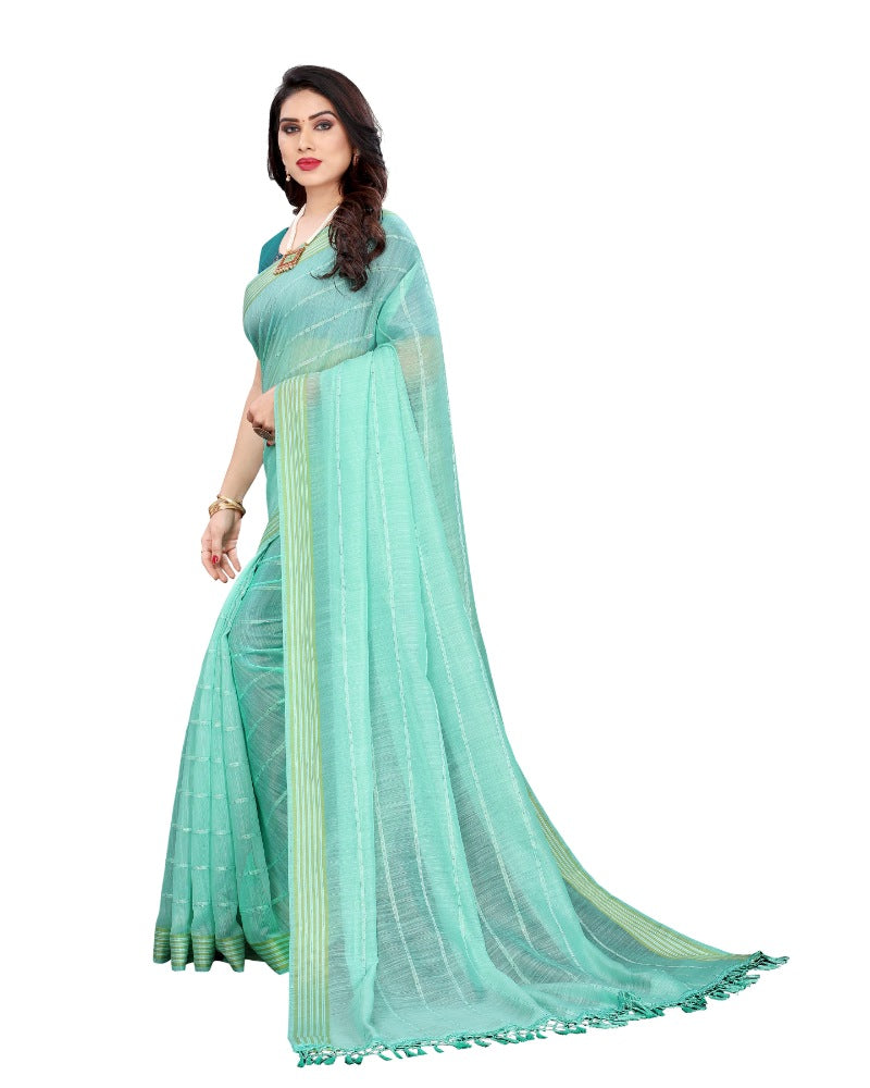 Women's Cotton Saree With Blouse (Rama, 5-6Mtrs) - GillKart