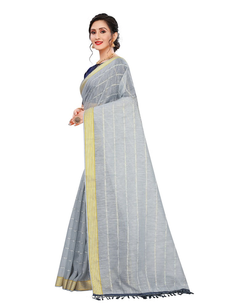 Women's Cotton Saree With Blouse (Grey, 5-6Mtrs) - GillKart