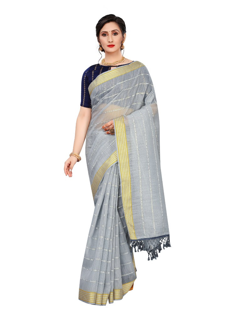 Women's Cotton Saree With Blouse (Grey, 5-6Mtrs) - GillKart