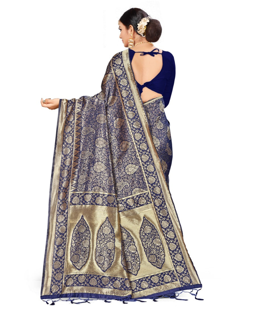 Women's Banarasi Silk Saree With Blouse (Neavy Blue, 5-6Mtrs) - GillKart