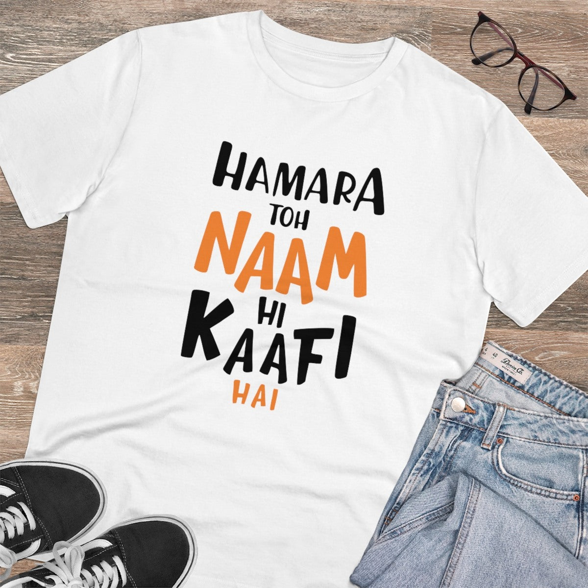 Men's PC Cotton Hamara To Name Hi Kaafi Hai Printed T Shirt (Color: White, Thread Count: 180GSM) - GillKart