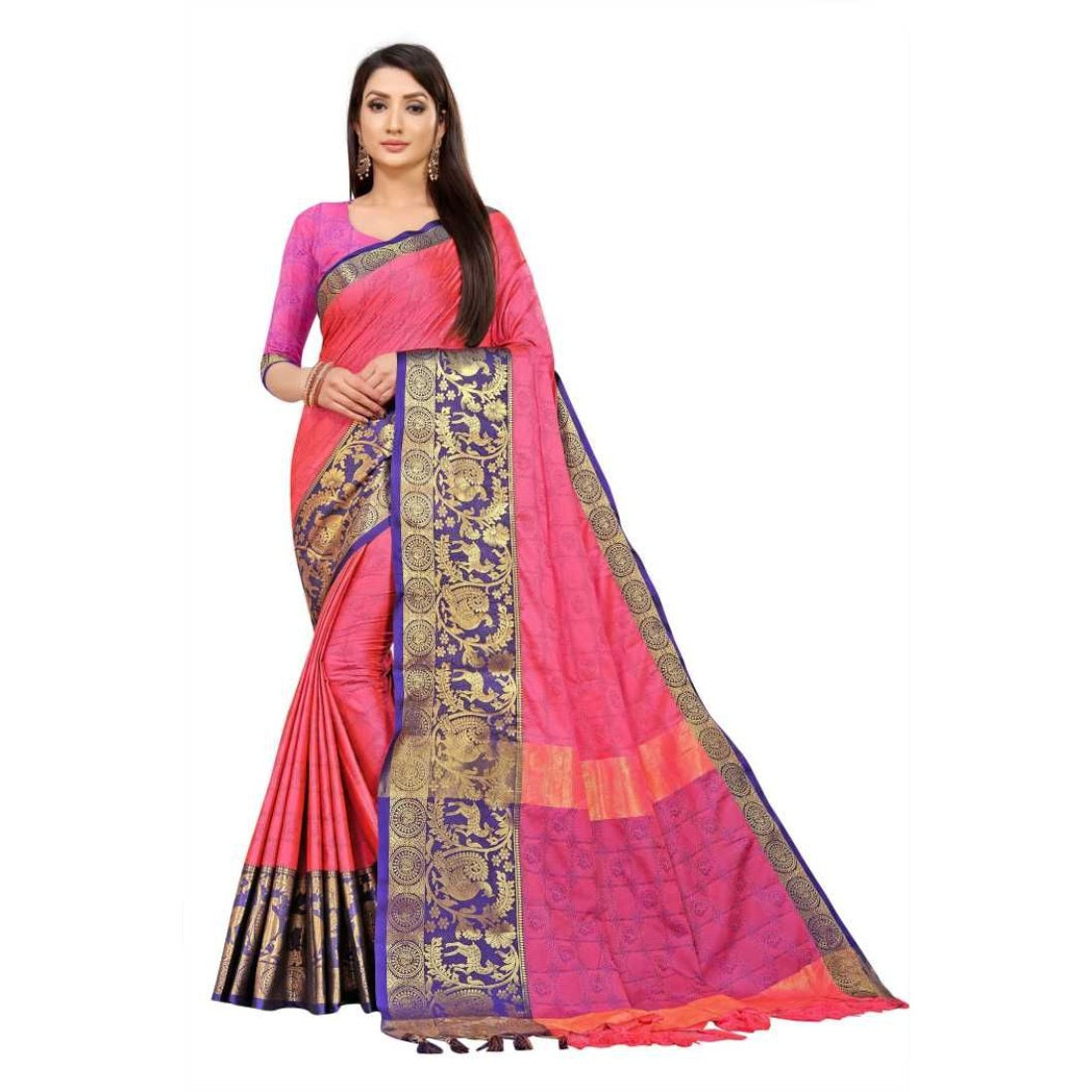 Women's Cotton Silk  Saree With Blouse (Pink, 5-6Mtrs) - GillKart