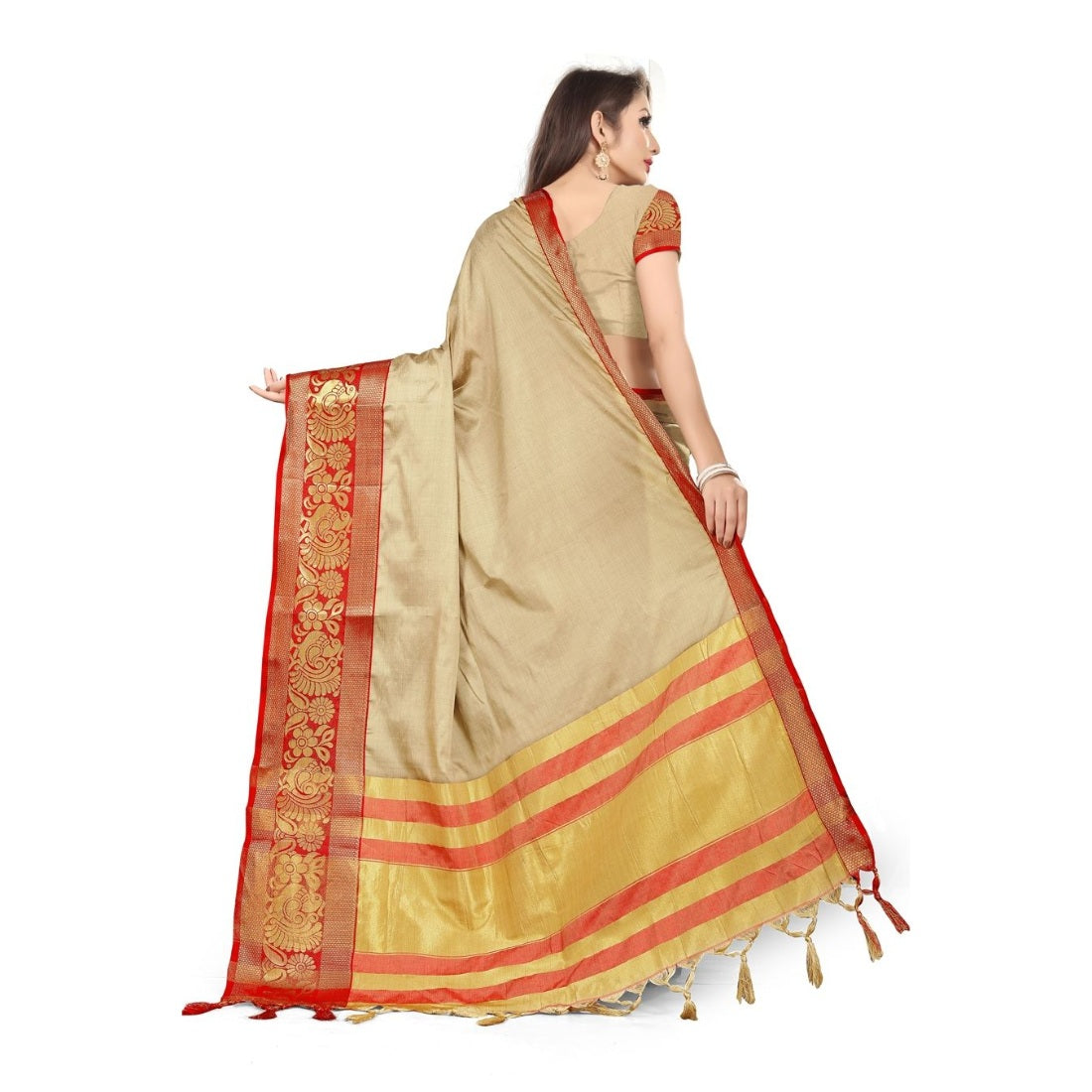 Women's Cotton Silk  Saree With Blouse (Red, 5-6Mtrs) - GillKart