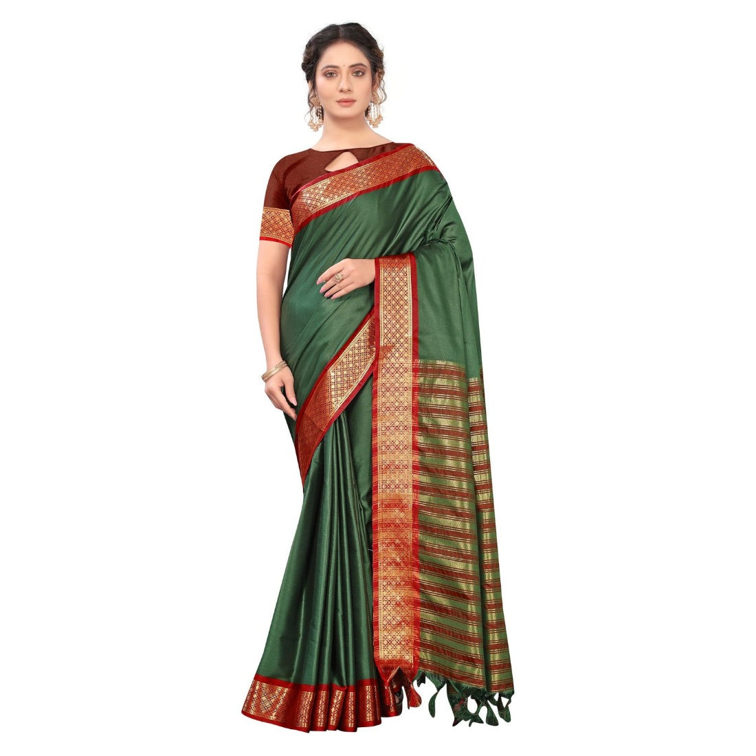 Women's Cotton Silk  Saree With Blouse (Green, 5-6Mtrs) - GillKart