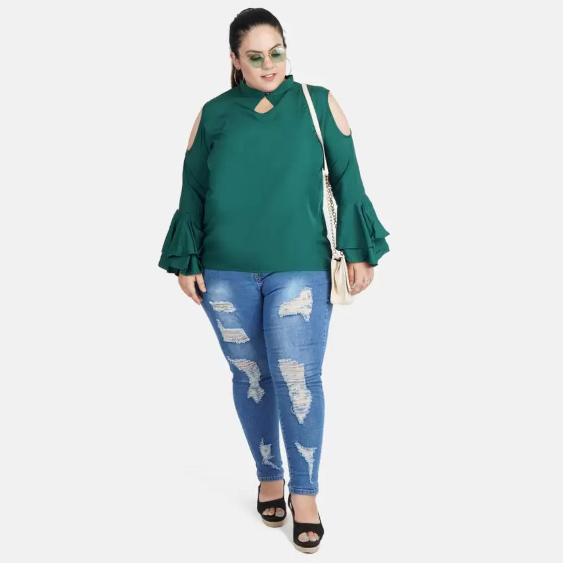 Women's Casual Bell Sleeve Solid Green Top (Color:Green, Material:Crepe) - GillKart