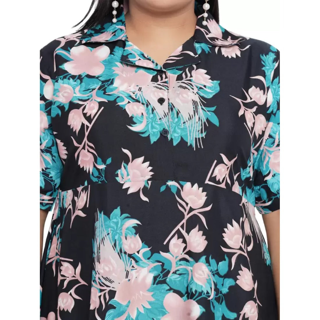Women's fit and flare navy blue polyester dress