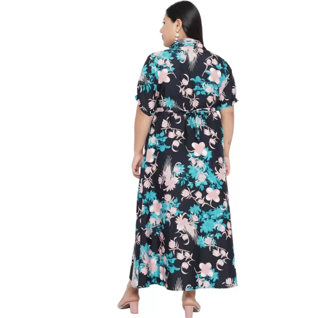 Navy blue polyester women's fit and flare dress