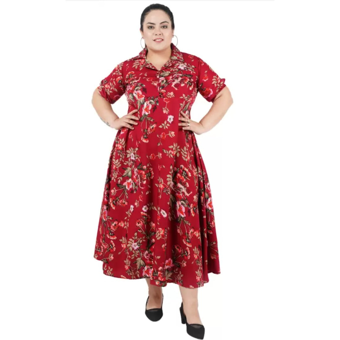 Womens maroon flared dress in polyester material, short sleeve style