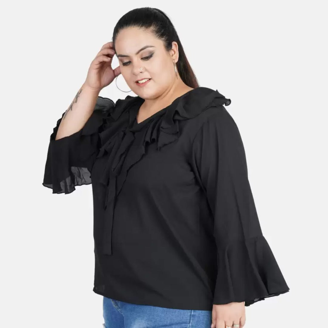 Women's Casual Bell Sleeve Solid Black Top (Color:Black, Material:Georgette) - GillKart