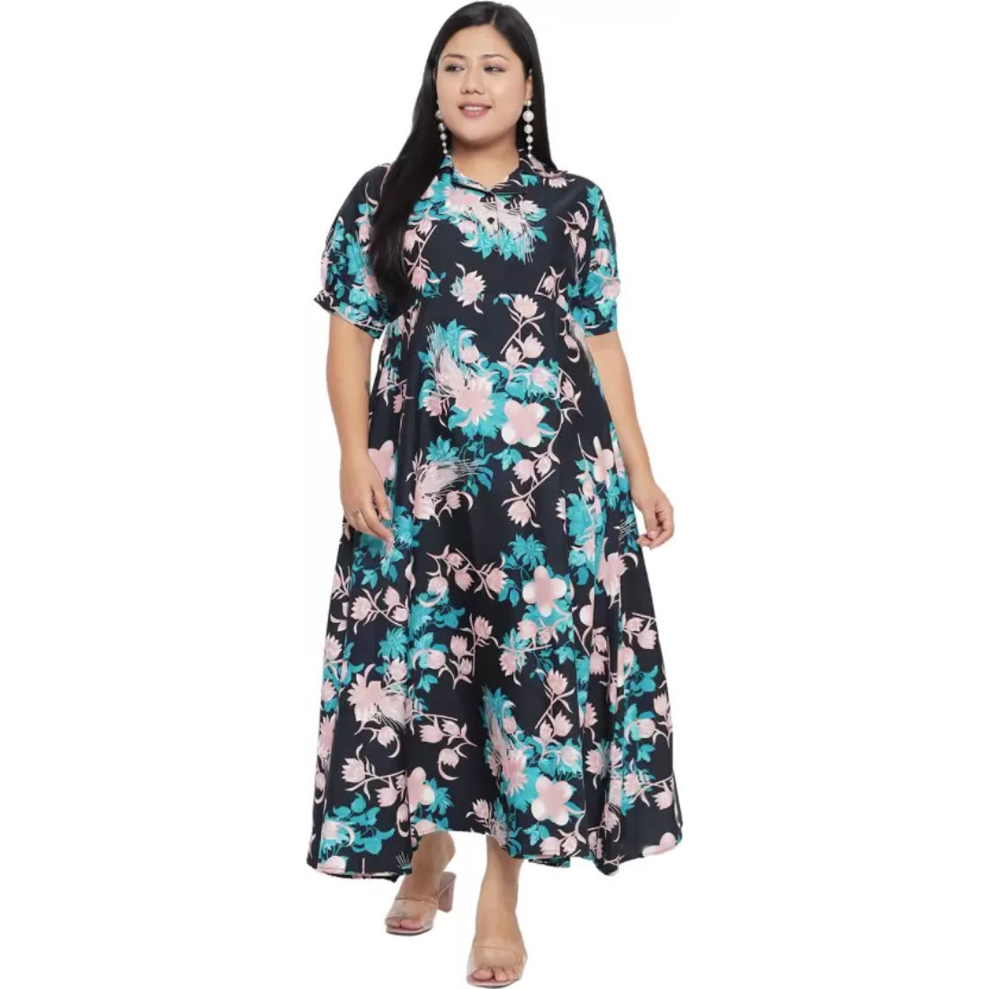 Womens navy blue fit and flare dress in green polyester