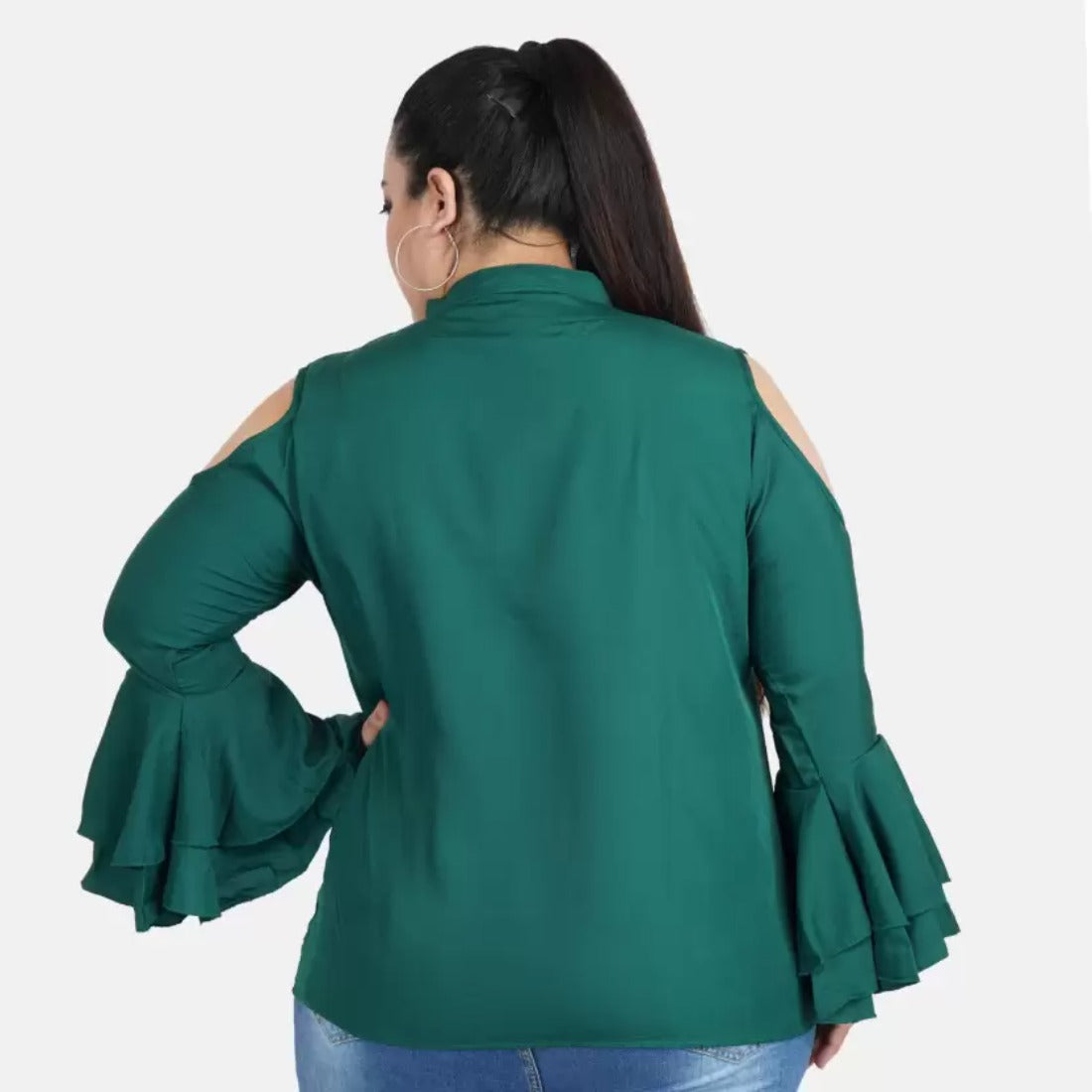 Women's Casual Bell Sleeve Solid Green Top (Color:Green, Material:Crepe) - GillKart