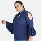 Bell sleeve blue crepe womens casual top