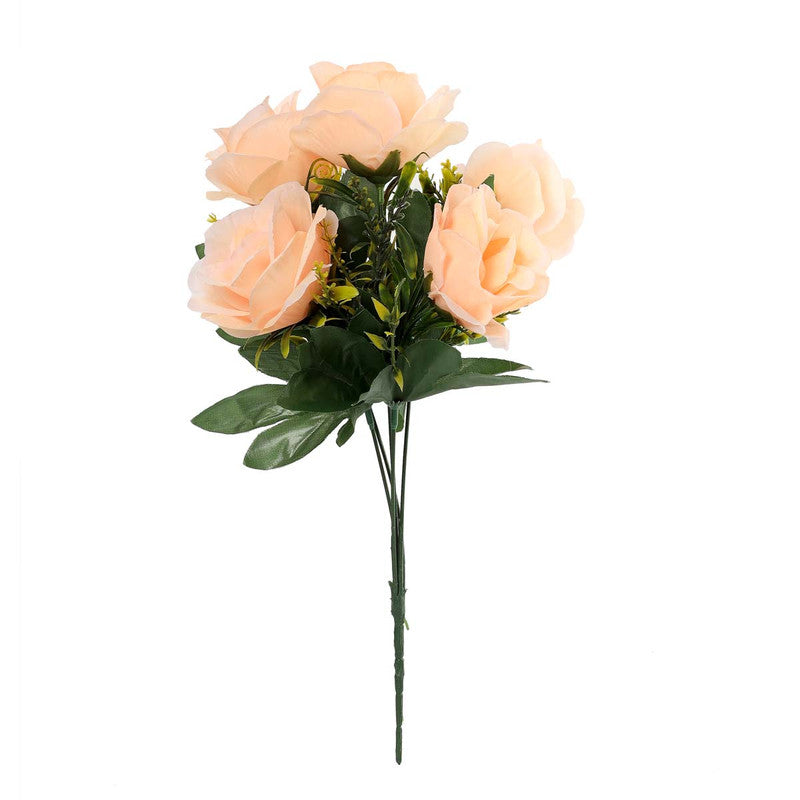 Peach silk-polyester artificial flower bunch (5 roses) for home decoration or gifts, natural-looking, suitable for indoor/outdoor use