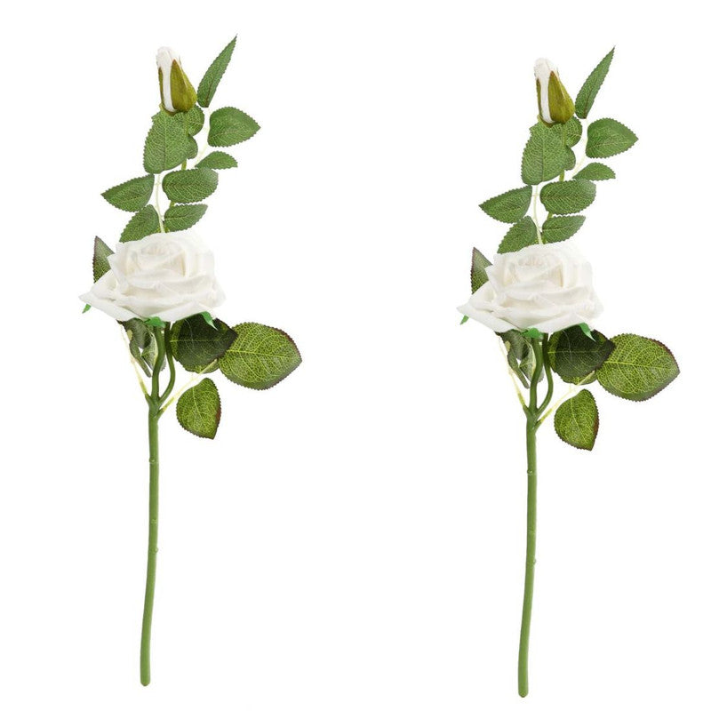 Pack Of_2 Artificial White Velvet Rose Flower Stem With Bud For Home Decoration (White, Material:Silk, Polyester) - GillKart