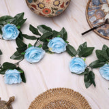 Blue silk-polyester artificial rose vine with green leaves for home party decoration, 7 feet long flower creeper