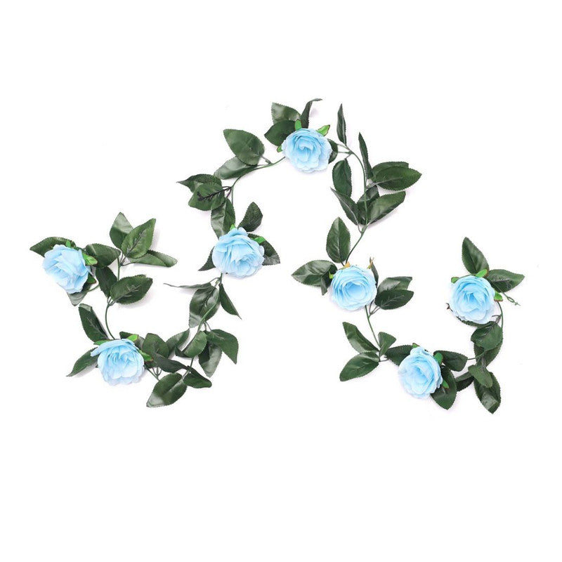 Artificial blue silk-polyester rose vine with green leaves for home party decor, 7ft flower creeper on table or garden wall