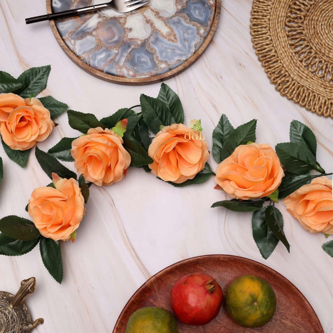 Peach silk polyester artificial rose vine with green leaves, ideal for home party garden wall decoration