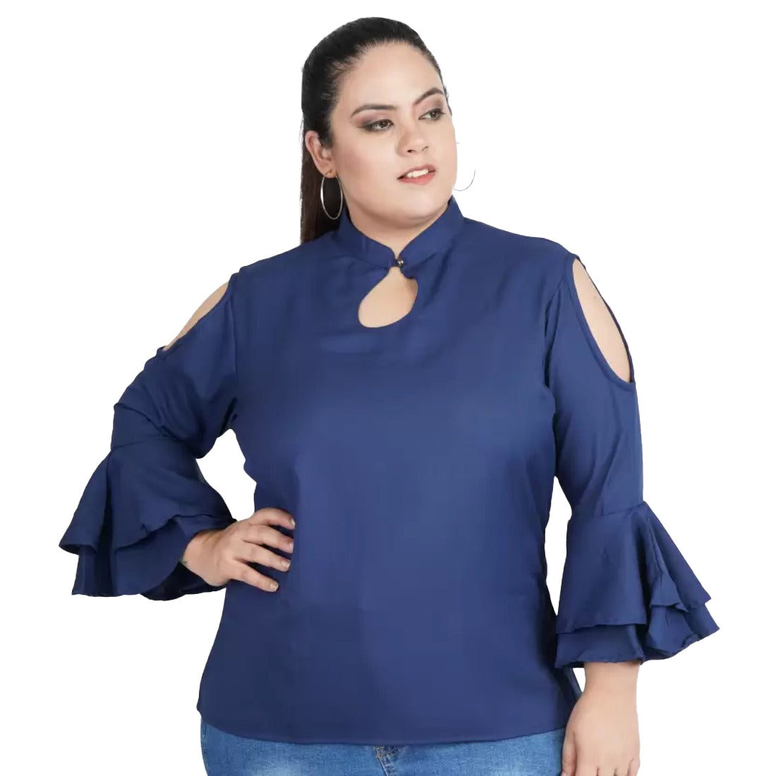 Solid blue crepe fabric bell sleeve casual women's top