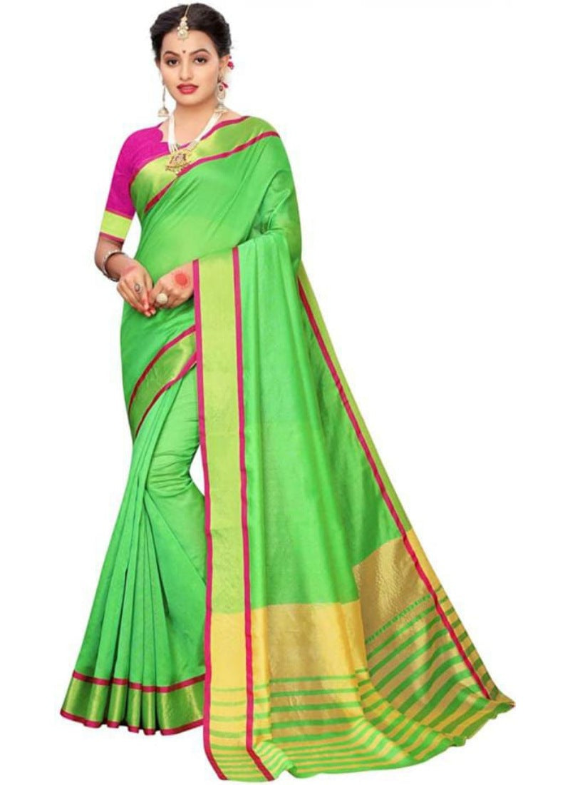Women's Cotton Silk Saree With Blouse (Parrot Green, 5-6mtrs) - GillKart