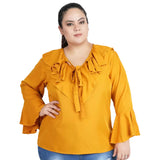 Women's Casual Bell Sleeve Solid Yellow Top (Color:Yellow, Material:Georgette) - GillKart