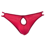 Red cotton spandex men's brief thong underwear with front hole and notch, stretchy for comfort and support
